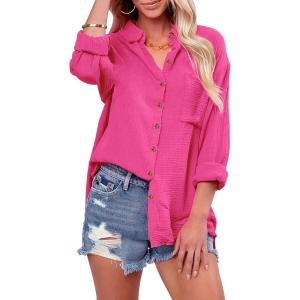 imagesiliteelon Womens Button Down Shirts Cotton Long Sleeve Oversized Boyfriend Blouses Collared Dress Tops with PocketsU Bright Hot Pink