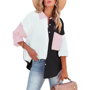 imagesiliteelon Womens Button Down Shirts Cotton Long Sleeve Oversized Boyfriend Blouses Collared Dress Tops with PocketsY Black White Colorblock