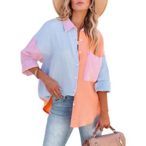 imagesiliteelon Womens Button Down Shirts Cotton Long Sleeve Oversized Boyfriend Blouses Collared Dress Tops with PocketsZ Blue Orange Colorblock