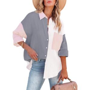 imagesiliteelon Womens Button Down Shirts Cotton Long Sleeve Oversized Boyfriend Blouses Collared Dress Tops with PocketsZ Grey White Colorblock