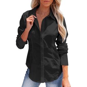 imagesiliteelon Womens Button Down Shirts Long Sleeve Dress Shirts Wrinkle Free Collared Work Office Solid Blouses Corset TopsA Black