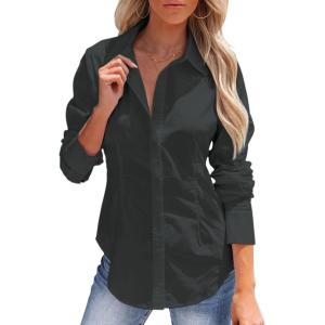 imagesiliteelon Womens Button Down Shirts Long Sleeve Dress Shirts Wrinkle Free Collared Work Office Solid Blouses Corset TopsDim Gray