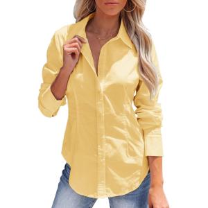 imagesiliteelon Womens Button Down Shirts Long Sleeve Dress Shirts Wrinkle Free Collared Work Office Solid Blouses Corset TopsE Vivid Yellow