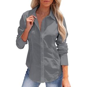 imagesiliteelon Womens Button Down Shirts Long Sleeve Dress Shirts Wrinkle Free Collared Work Office Solid Blouses Corset TopsLight Gray Blue