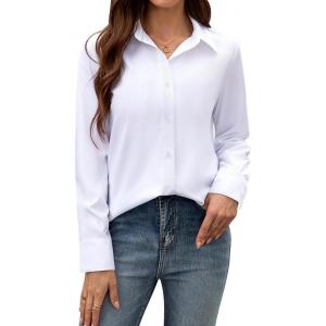 imagesiliteelon Button Down Dress Shirts for Women Long Sleeve Wrinkle Free Shirts Solid Work Business Formal Button Up ShirtAll White