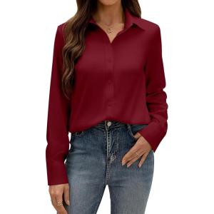 imagesiliteelon Button Down Dress Shirts for Women Long Sleeve Wrinkle Free Shirts Solid Work Business Formal Button Up ShirtAncore