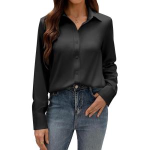 imagesiliteelon Button Down Dress Shirts for Women Long Sleeve Wrinkle Free Shirts Solid Work Business Formal Button Up ShirtBlack