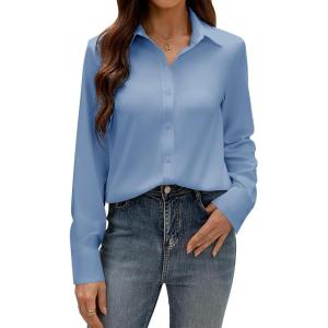 imagesiliteelon Button Down Dress Shirts for Women Long Sleeve Wrinkle Free Shirts Solid Work Business Formal Button Up ShirtBlue