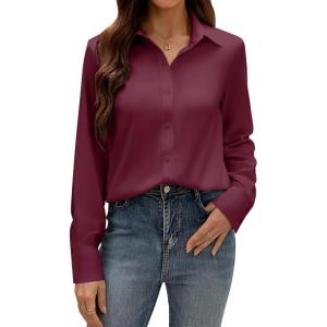 imagesiliteelon Button Down Dress Shirts for Women Long Sleeve Wrinkle Free Shirts Solid Work Business Formal Button Up ShirtBurgundy