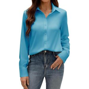 imagesiliteelon Button Down Dress Shirts for Women Long Sleeve Wrinkle Free Shirts Solid Work Business Formal Button Up ShirtCyan Blue