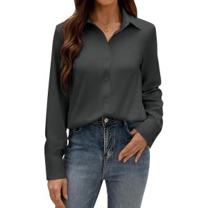 imagesiliteelon Button Down Dress Shirts for Women Long Sleeve Wrinkle Free Shirts Solid Work Business Formal Button Up ShirtDark Shadows