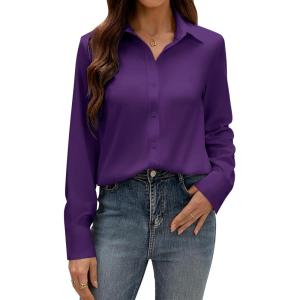 imagesiliteelon Button Down Dress Shirts for Women Long Sleeve Wrinkle Free Shirts Solid Work Business Formal Button Up ShirtDeep Purple