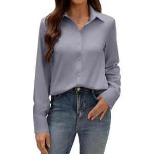 imagesiliteelon Button Down Dress Shirts for Women Long Sleeve Wrinkle Free Shirts Solid Work Business Formal Button Up ShirtGray