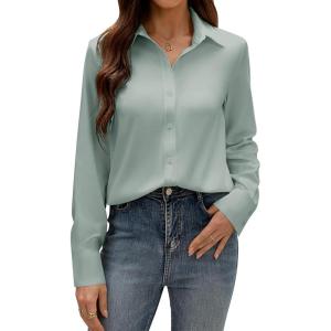 imagesiliteelon Button Down Dress Shirts for Women Long Sleeve Wrinkle Free Shirts Solid Work Business Formal Button Up ShirtGreen