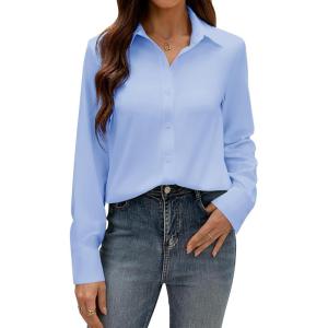 imagesiliteelon Button Down Dress Shirts for Women Long Sleeve Wrinkle Free Shirts Solid Work Business Formal Button Up ShirtLight Blue