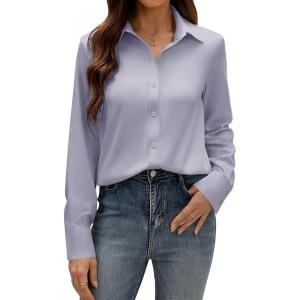 imagesiliteelon Button Down Dress Shirts for Women Long Sleeve Wrinkle Free Shirts Solid Work Business Formal Button Up ShirtLight Gray