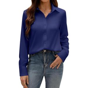 imagesiliteelon Button Down Dress Shirts for Women Long Sleeve Wrinkle Free Shirts Solid Work Business Formal Button Up ShirtNavy Blue