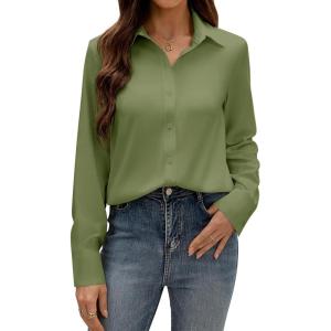 imagesiliteelon Button Down Dress Shirts for Women Long Sleeve Wrinkle Free Shirts Solid Work Business Formal Button Up ShirtOlive