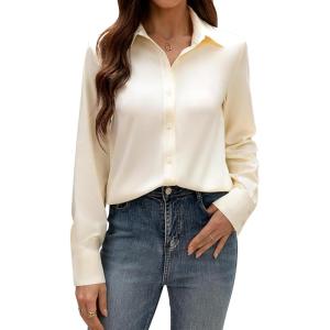 imagesiliteelon Button Down Dress Shirts for Women Long Sleeve Wrinkle Free Shirts Solid Work Business Formal Button Up ShirtPale Yellow