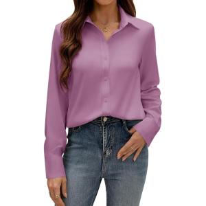 imagesiliteelon Button Down Dress Shirts for Women Long Sleeve Wrinkle Free Shirts Solid Work Business Formal Button Up ShirtPastel Violet