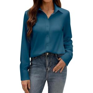 imagesiliteelon Button Down Dress Shirts for Women Long Sleeve Wrinkle Free Shirts Solid Work Business Formal Button Up ShirtPeacock Blue