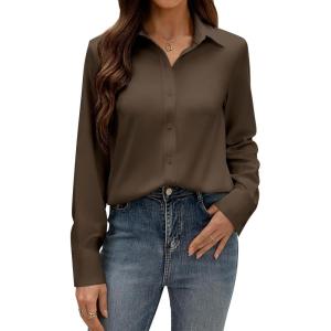 imagesiliteelon Button Down Dress Shirts for Women Long Sleeve Wrinkle Free Shirts Solid Work Business Formal Button Up ShirtPinecone