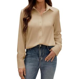 imagesiliteelon Button Down Dress Shirts for Women Long Sleeve Wrinkle Free Shirts Solid Work Business Formal Button Up ShirtSheepskin