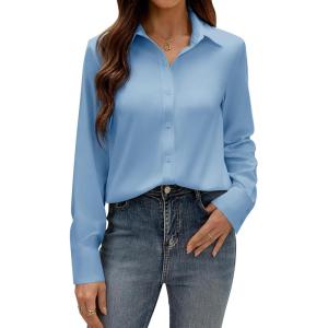 imagesiliteelon Button Down Dress Shirts for Women Long Sleeve Wrinkle Free Shirts Solid Work Business Formal Button Up ShirtSky Blue