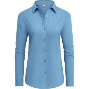 imagesiliteelon Button Down Shirts Dress Shirts for Women Long Sleeve Womens Work Shirts Regular Fit Cotton Dress ShirtsDenim Blue