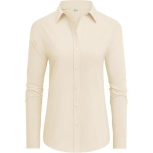 imagesiliteelon Button Down Shirts Dress Shirts for Women Long Sleeve Womens Work Shirts Regular Fit Cotton Dress ShirtsIvory