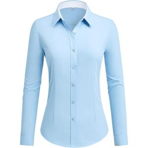 imagesiliteelon Button Down Shirts for Women Dress Shirts Cotton Long Sleeve Shirts for Women Wrinkle Free Stretch Work BlouseAll Blue