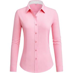 imagesiliteelon Button Down Shirts for Women Dress Shirts Cotton Long Sleeve Shirts for Women Wrinkle Free Stretch Work BlouseAll Pink
