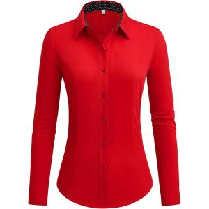 imagesiliteelon Button Down Shirts for Women Dress Shirts Cotton Long Sleeve Shirts for Women Wrinkle Free Stretch Work BlouseAll Red