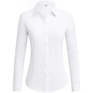 imagesiliteelon Button Down Shirts for Women Dress Shirts Cotton Long Sleeve Shirts for Women Wrinkle Free Stretch Work BlouseAll White