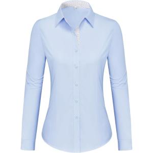 imagesiliteelon Button Down Shirts for Women Dress Shirts Cotton Long Sleeve Shirts for Women Wrinkle Free Stretch Work BlouseBlue