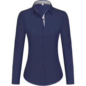 imagesiliteelon Button Down Shirts for Women Dress Shirts Cotton Long Sleeve Shirts for Women Wrinkle Free Stretch Work BlouseNavy Blue