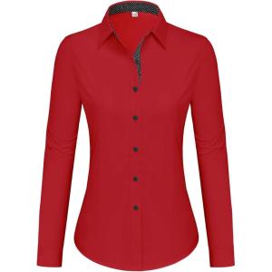 imagesiliteelon Button Down Shirts for Women Dress Shirts Cotton Long Sleeve Shirts for Women Wrinkle Free Stretch Work BlouseRed