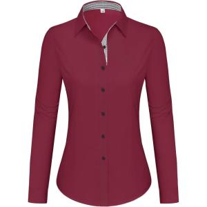 imagesiliteelon Button Down Shirts for Women Dress Shirts Cotton Long Sleeve Shirts for Women Wrinkle Free Stretch Work BlouseWine Red