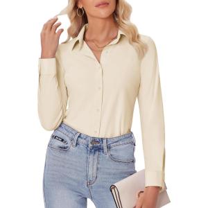 imagesiliteelon Button Down Shirts for Women Slim fit Long Sleeve Stretch Dress Shirts Work Shirt Wrinkle Free Office BlousesBeige