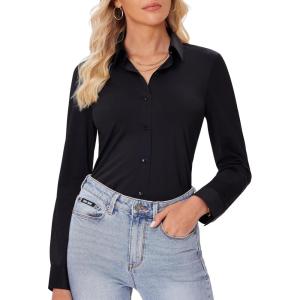 imagesiliteelon Button Down Shirts for Women Slim fit Long Sleeve Stretch Dress Shirts Work Shirt Wrinkle Free Office BlousesBlack