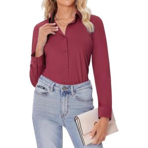 imagesiliteelon Button Down Shirts for Women Slim fit Long Sleeve Stretch Dress Shirts Work Shirt Wrinkle Free Office BlousesBurgundy