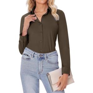 imagesiliteelon Button Down Shirts for Women Slim fit Long Sleeve Stretch Dress Shirts Work Shirt Wrinkle Free Office BlousesCoffee Brown