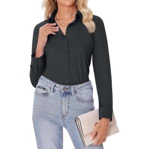imagesiliteelon Button Down Shirts for Women Slim fit Long Sleeve Stretch Dress Shirts Work Shirt Wrinkle Free Office BlousesDark Grey