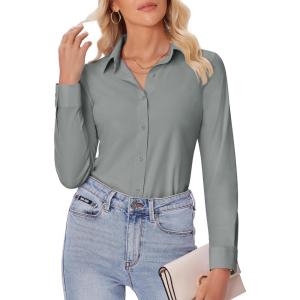 imagesiliteelon Button Down Shirts for Women Slim fit Long Sleeve Stretch Dress Shirts Work Shirt Wrinkle Free Office BlousesGray