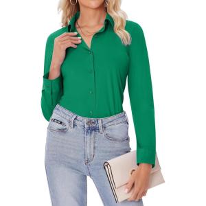 imagesiliteelon Button Down Shirts for Women Slim fit Long Sleeve Stretch Dress Shirts Work Shirt Wrinkle Free Office BlousesGreen