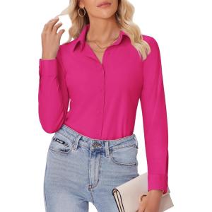 imagesiliteelon Button Down Shirts for Women Slim fit Long Sleeve Stretch Dress Shirts Work Shirt Wrinkle Free Office BlousesHot Pink