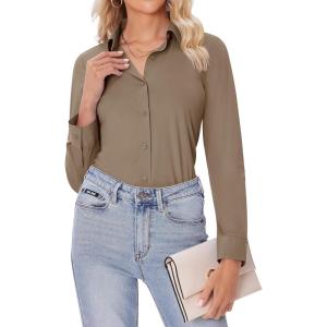 imagesiliteelon Button Down Shirts for Women Slim fit Long Sleeve Stretch Dress Shirts Work Shirt Wrinkle Free Office BlousesKhaki