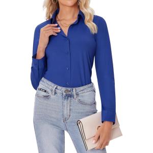 imagesiliteelon Button Down Shirts for Women Slim fit Long Sleeve Stretch Dress Shirts Work Shirt Wrinkle Free Office BlousesKlein Blue