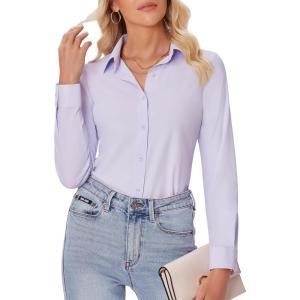 imagesiliteelon Button Down Shirts for Women Slim fit Long Sleeve Stretch Dress Shirts Work Shirt Wrinkle Free Office BlousesLavender