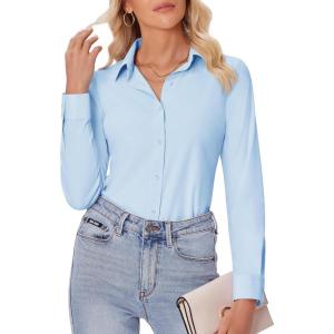 imagesiliteelon Button Down Shirts for Women Slim fit Long Sleeve Stretch Dress Shirts Work Shirt Wrinkle Free Office BlousesLight Blue